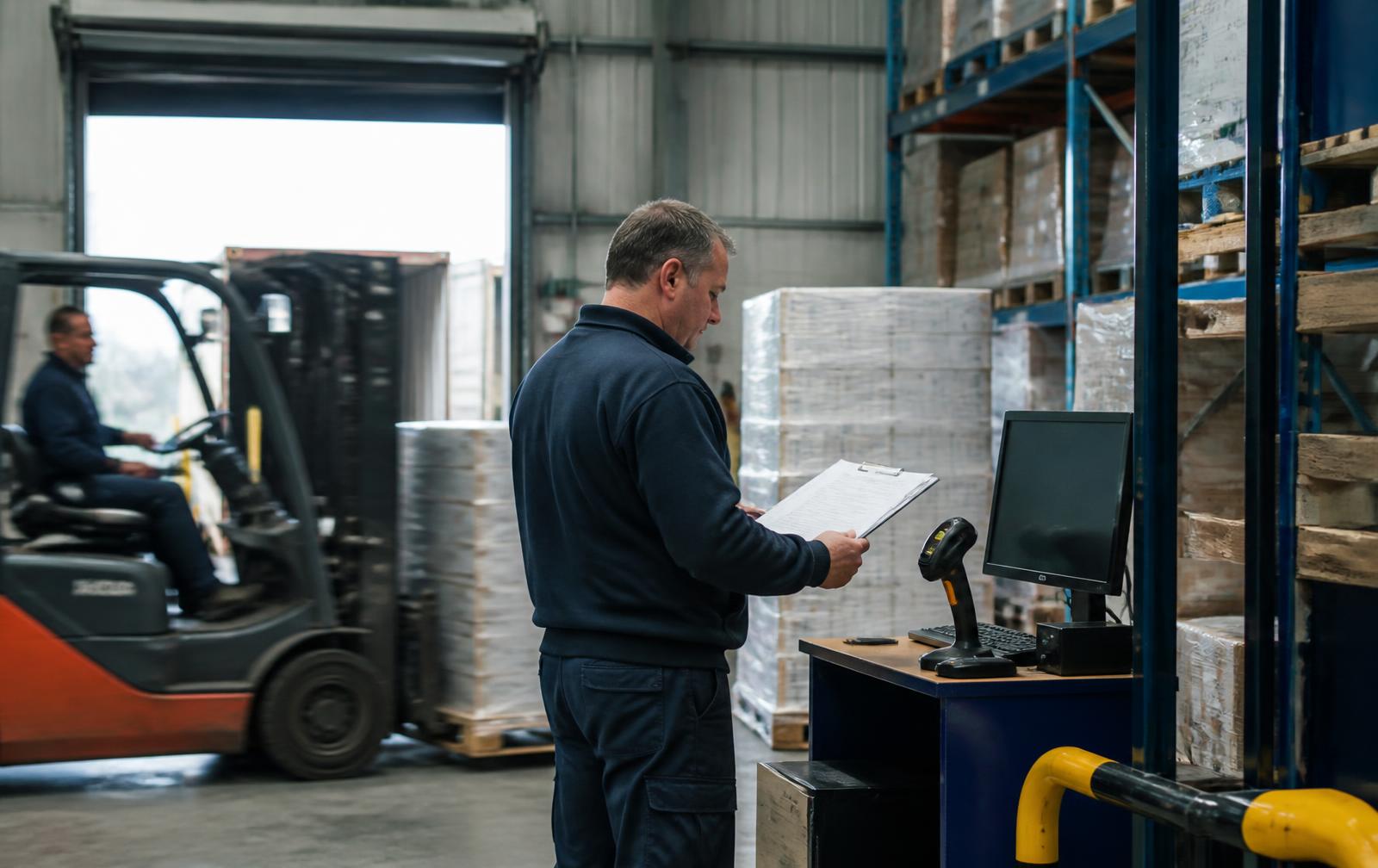 Warehouse team member checking a paper delivery docket at a goods-inwards scanning station while a forklift moves pallets