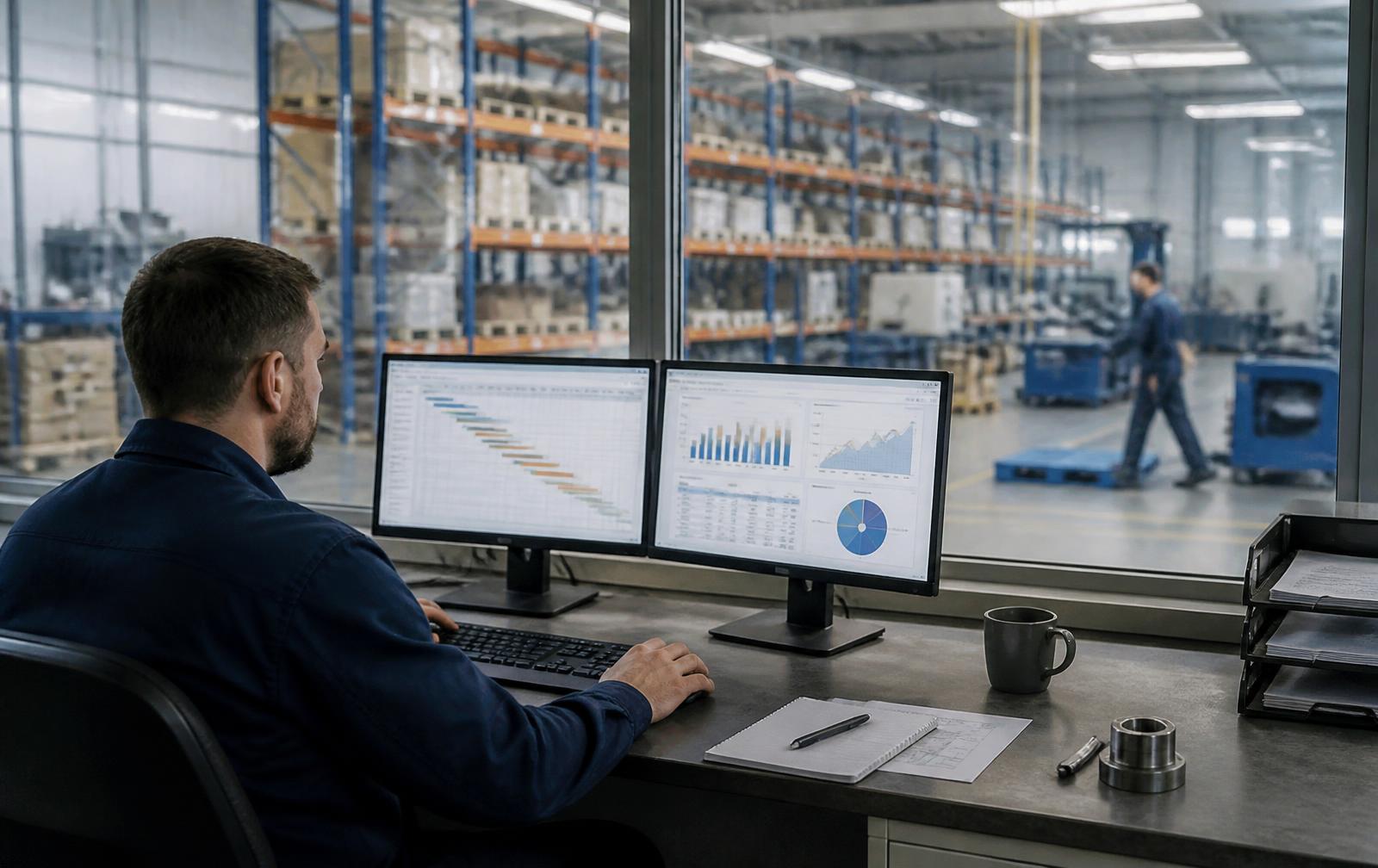 Production planner reviewing schedules and operational charts at a desk overlooking a warehouse floor