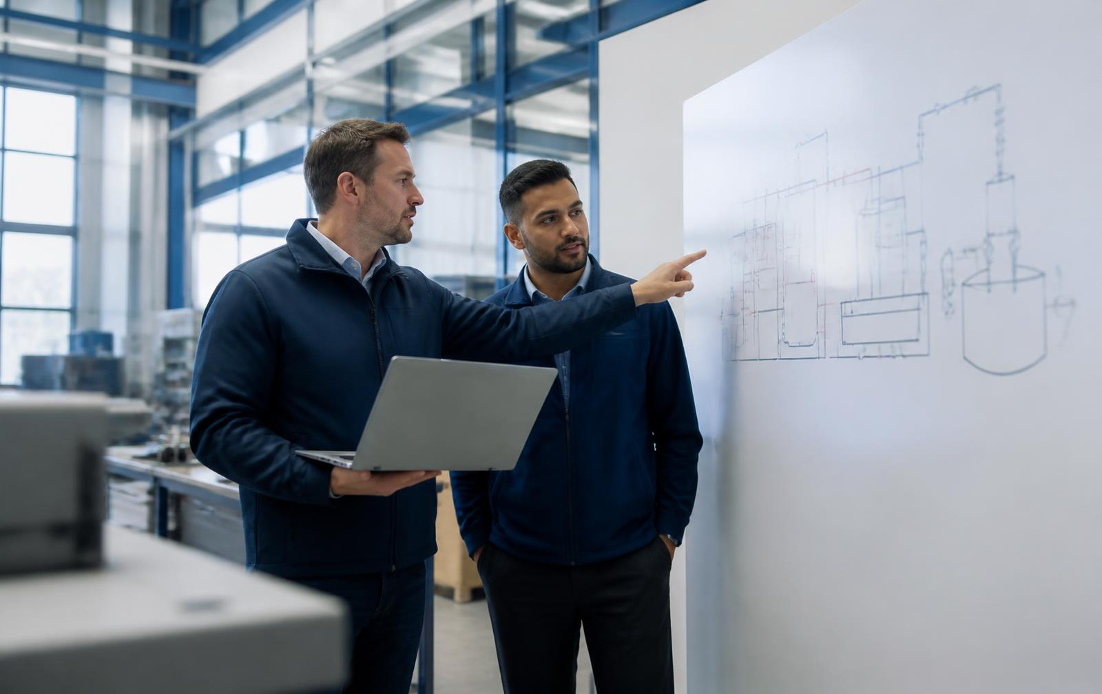 Two engineers reviewing a hand-drawn process diagram on a whiteboard in a light industrial workshop